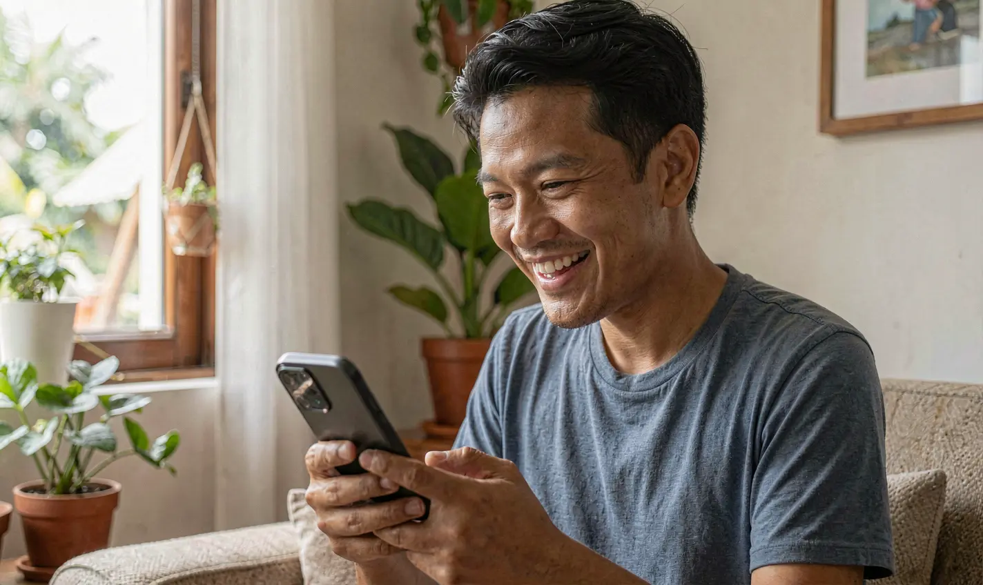 PHTT App – Enjoy smooth and enjoyable mobile casino gaming in the Philippines Smiling Filipino man browsing the PHTT casino app on his smartphone in a bright and comfortable home setting