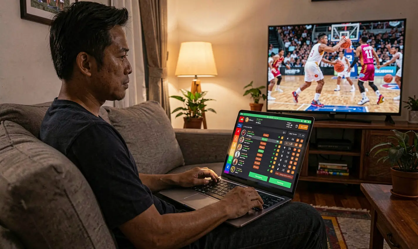 Filipino sports fan placing live basketball bets on a laptop with PHTT while watching the game on TV in a cozy evening setting