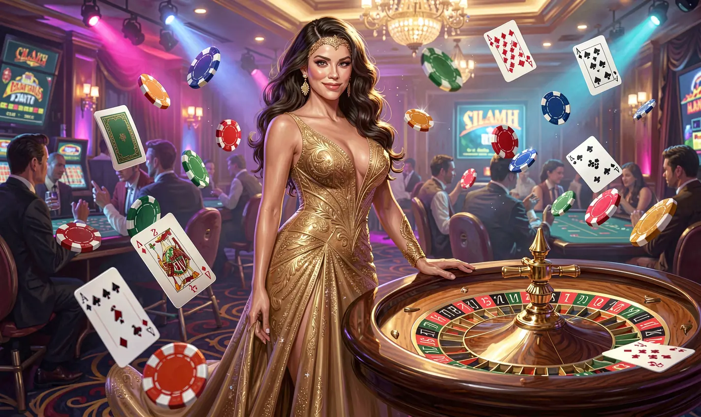 Stylish casino themed artwork with a confident woman in a gold dress surrounded by roulette numbers and glowing chips highlighting the premium bonus experience at PHTT for players in the Philippines