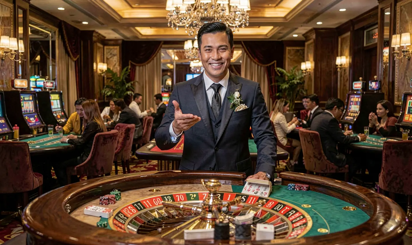 PHTT Casino – Enjoy professional live dealer games made for players in the Philippines Smiling casino dealer in a modern suit welcoming players to a live roulette table at PHTT Casino in the Philippines