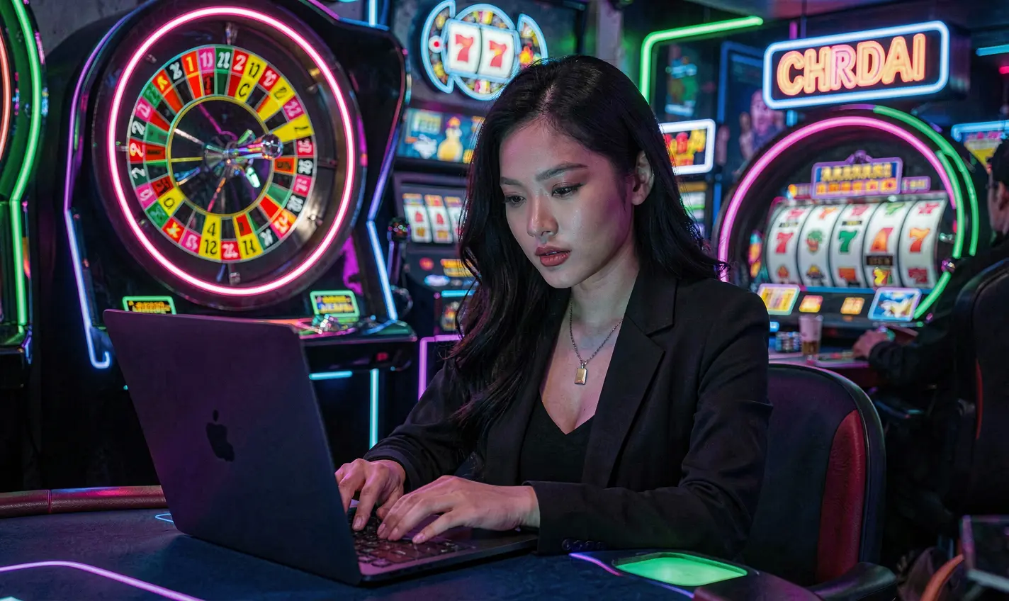Stylish female player enjoying immersive online casino games with glowing roulette lights on screen at PHTT for Philippines users