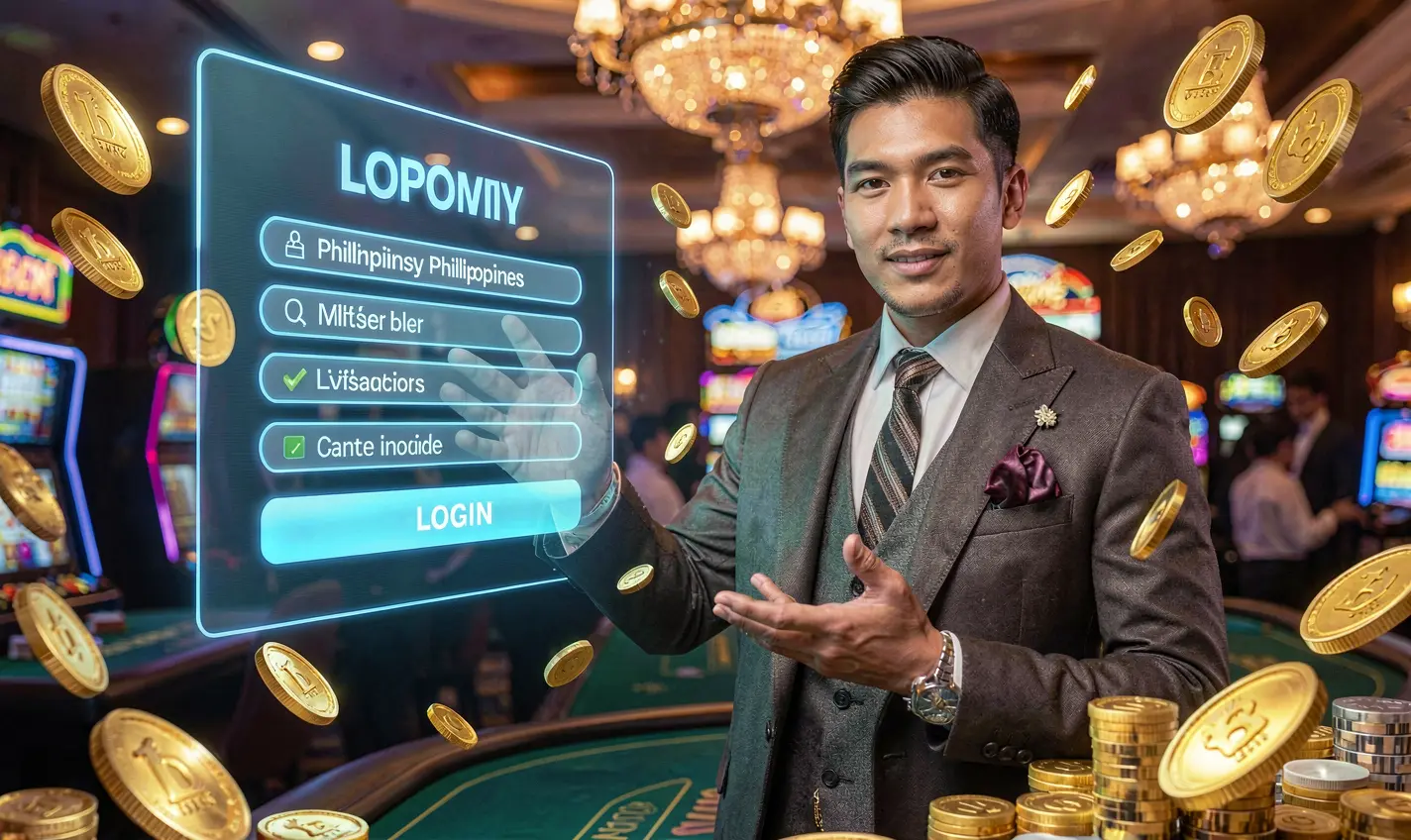PHTT Login – Quick and reliable account access for Filipino players Professional Filipino casino dealer pointing forward beneath a glowing login interface with dynamic light effects showcasing PHTT access in the Philippines