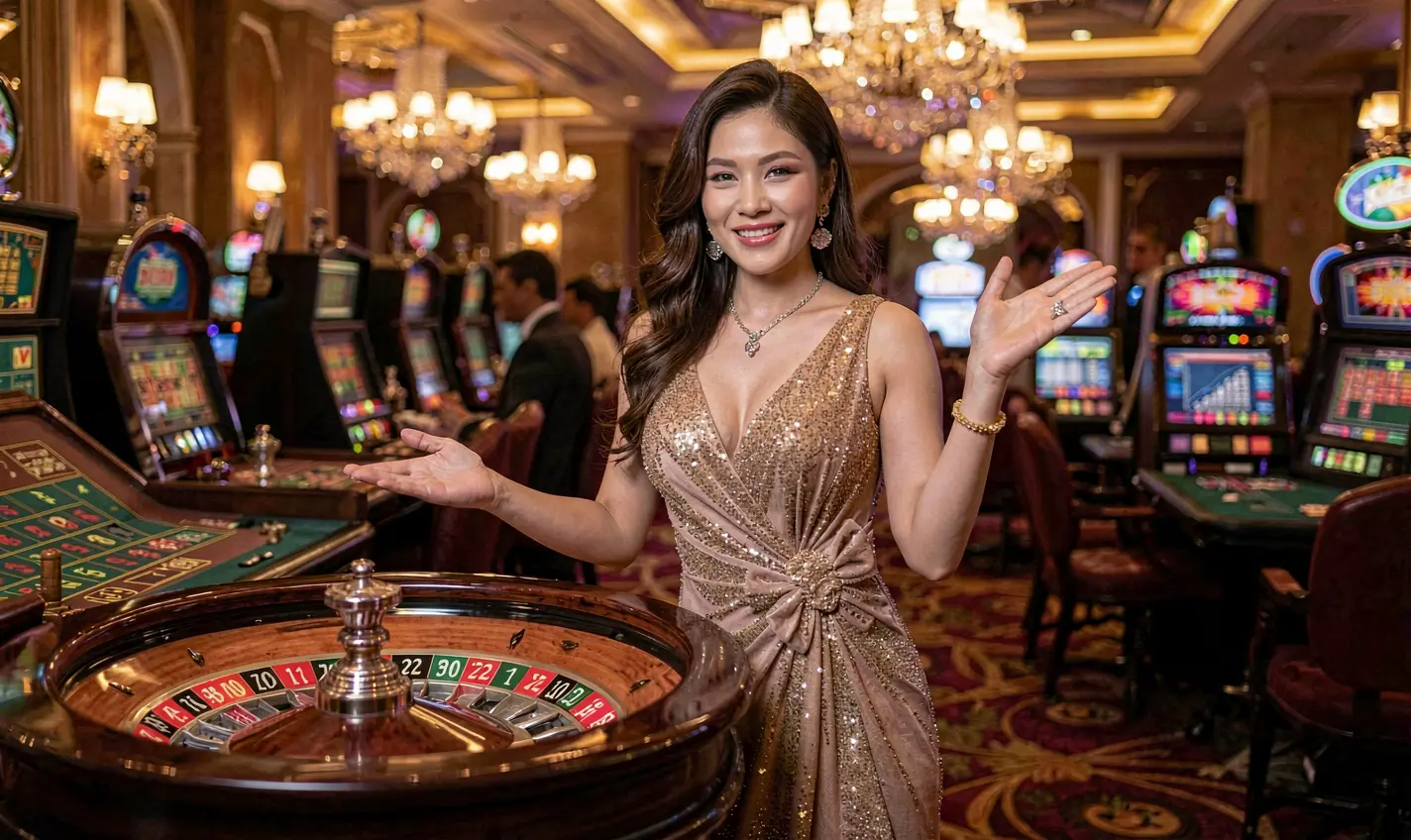 Professional live dealer in a glamorous black gown welcoming players at a roulette table inside the luxury PHTT casino environment for the Philippines