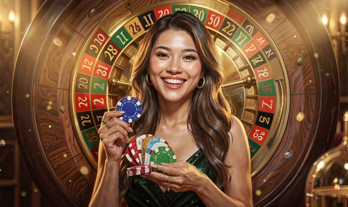 Confident Filipino woman holding casino chips with a glowing roulette wheel behind her symbolizing trust and excitement at PHTT casino Philippines