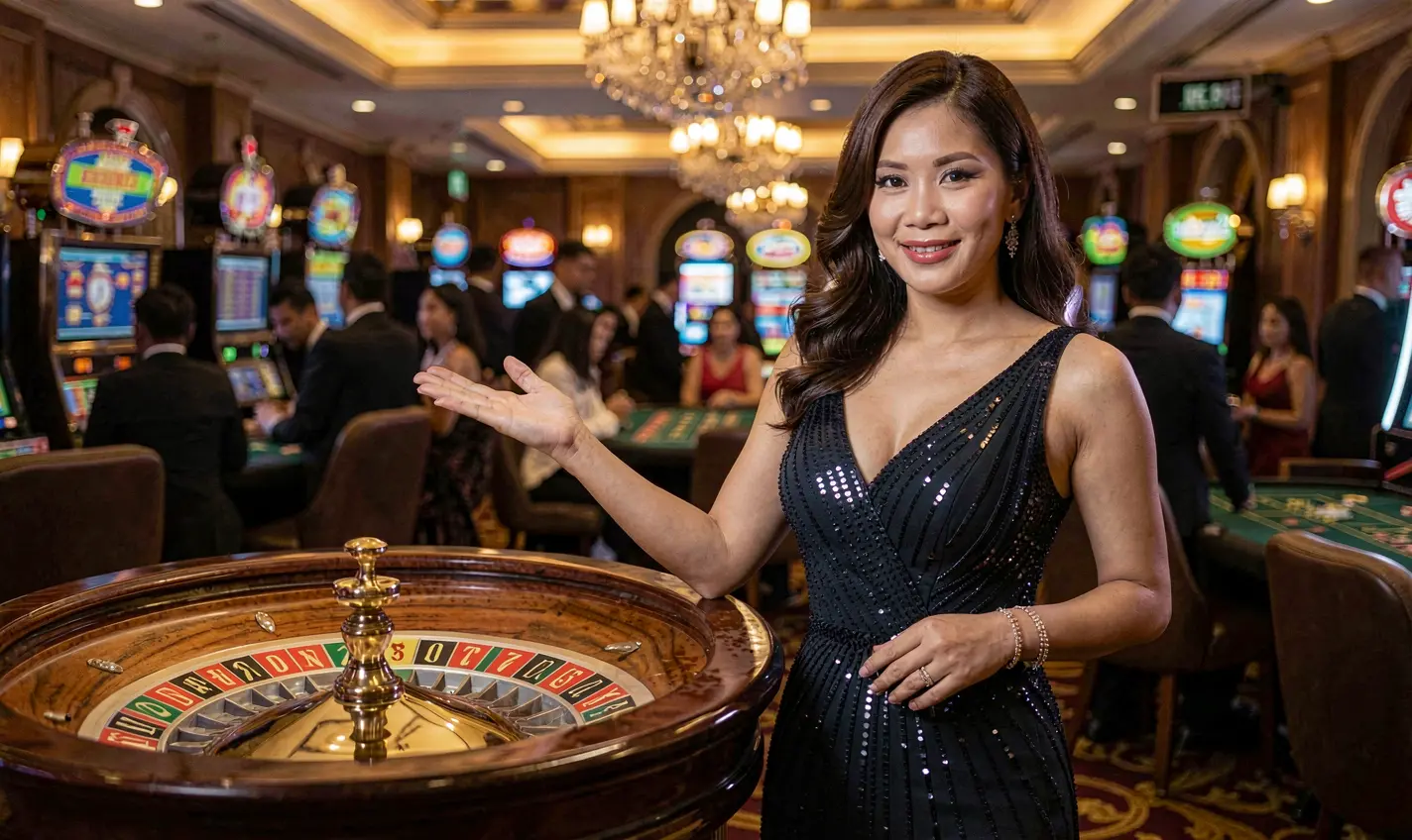 Smiling casino hostess welcoming players in a vibrant gaming environment representing the trusted and exciting PHTT platform for Philippine users