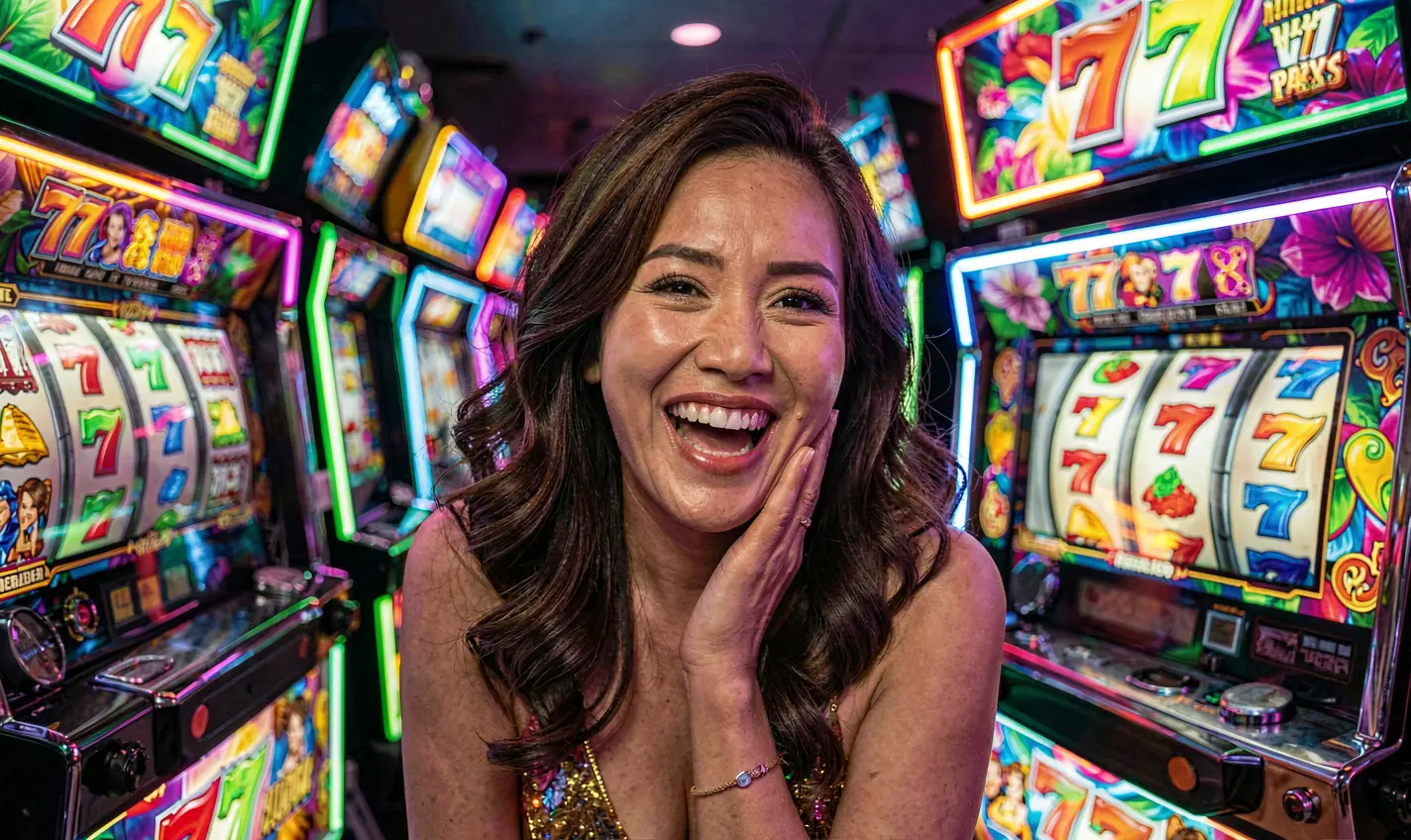 PHTT – Discover immersive slot gameplay and big win potential in the Philippines Happy slot player celebrating a win in front of glowing 777 slot reels inside the immersive PHTT online casino environment for players in Philippines
